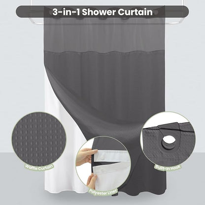 Inhousolu Extra Long No Hook Shower Curtain with Snap in Fabric Liner Set Waffle Weave 230GSM Weighted Hem, Waterproof & Washable Bathroom Curtain Spa with Mesh Top Window 72" W x 84" L Graphite Grey