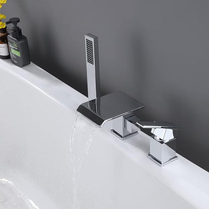 TapLong Modern Roman Tub Faucet with Hand Shower, Waterfall Deck Mount Bathtub Filler Faucet with Sprayer, Widespread 3 Holes Tub Shower Faucet Set in Polished Chrome, 02763CH