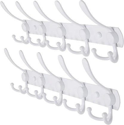 Dseap Wall Mounted Coat Rack - 5 Tri Hooks, Heavy Duty, Stainless Steel, Metal Coat Hook Rail for Coat Hat Towel Purse Robes Mudroom Bathroom Entryway (White, 2 Packs)