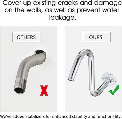 Shower Head Arm 10 Inch Chrome, S Shaped Shower Head Extender Arm with Flange and Stabilizer