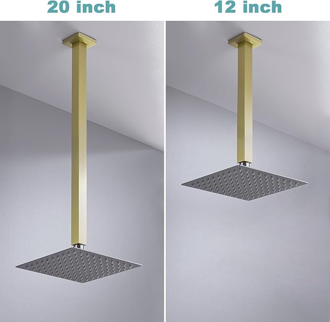 BESTILL 20 Inch Brushed Gold Ceiling Mount Shower Arm and Flange, Square Rain Shower Arm