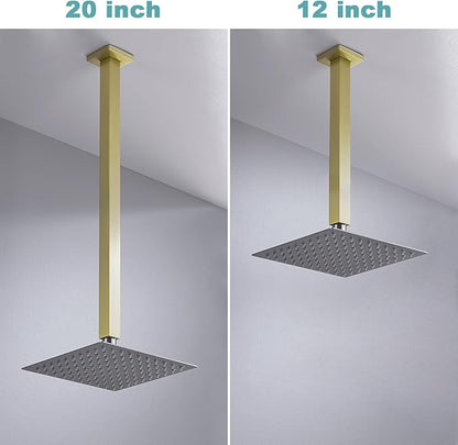 BESTILL 20 Inch Brushed Gold Ceiling Mount Shower Arm and Flange, Square Rain Shower Arm