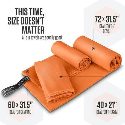VENTURE 4TH Quick Dry Towel. Microfiber Travel Towel Ideal for Camping, Hiking, Backpacking, Gym. Lightweight & Fast Drying Travel Towels for Body. Compact & Easy to Pack - Orange Large