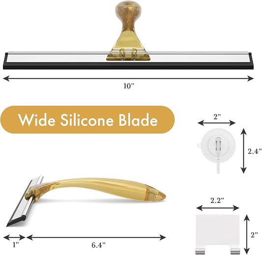 AmazerBath Shower Squeegee for Glass Doors, All-Purpose Squeegee with Suction Hook & Adhesive Hook, Clear Squeegee for Shower Glass, Windows, Mirrors, Tiles and Car Windows - 10 Inches, Clear Gold