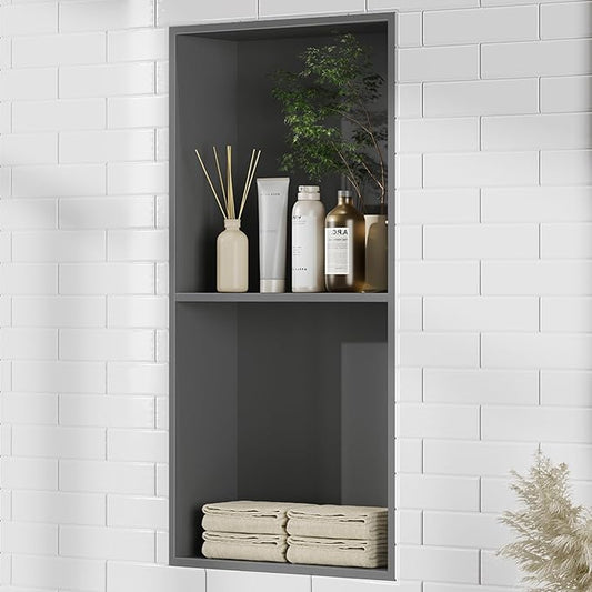 Bathbliss Shower Niche, No‑Tile Recessed Wall Niche, 11.18"x22.3" SUS304 Stainless Steel Double Shelf, Leak‑Proof Waterproof for Bathroom Storage, Grey Shower Niche