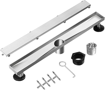 Linear Shower Drain, 18 inch Drain with Tile Insert 2-in-1 Panel, Brushed 304 Stainless Steel Shower Floor Drain, Linear Drain with Hair Strainer and Adjustable Feet