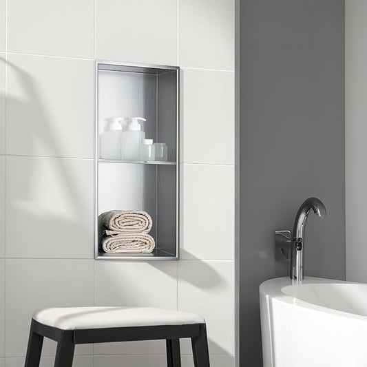 SaniteModar Shower Niche, Stainless Steel Shower Niche 12" X 24" No Tile Needed, Recessed for Bathroom Storage, Brushed Silver Double (Brushed Silver, 12x24,Double)