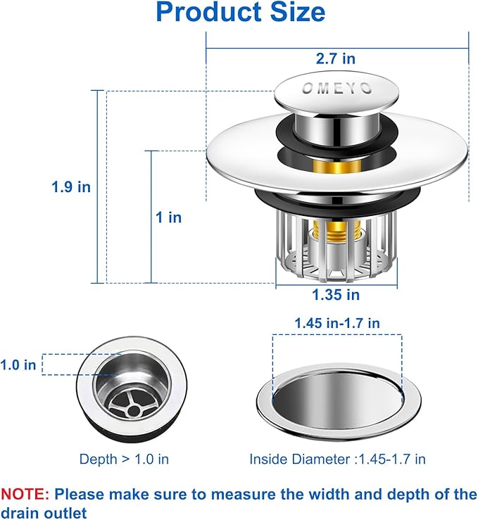 Bathtub Drain Stopper, Pop-Up Tub Stopper with Drain Hair Catcher, Bathtub Plug and Cover with Strainer for 1.5 to 1.8in Tub Drain Hole, Easy to Use