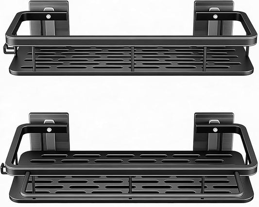 Shower Caddy Adhesive 2Pack with Hooks and Rod for Towels Black-Premium Bathroom Shower Shelves Shampoo Organizer Rack Storage Bathtub Shelf Rustproof Easy Installation Sturdy Build Sleek Modern Look
