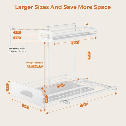 Delamu 2 Pack Metal Bathroom Organizers and Storage, 2 Tier Pull Out Under Sink Organizer for Kitchen Bathroom, Adjustable Under Sink Shelf for Multipurpose Cabinet Organizer, White