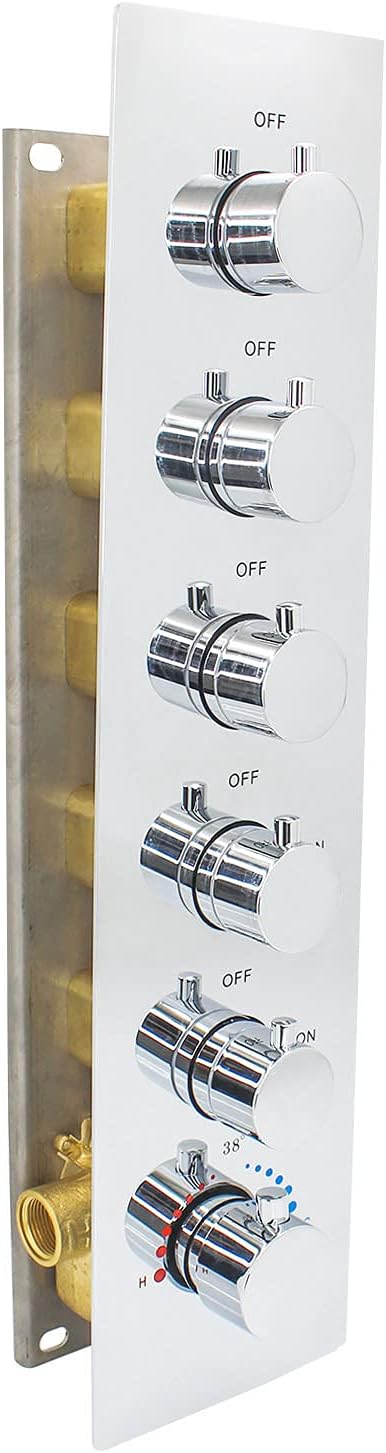 HOMEDEC 5 Functions Shower Diverter Valve, 5 Way Thermostatic Mixing Shower Rough-In Valve and Trim Kit, Thermostatic Shower Control Water Outlet, Chrome