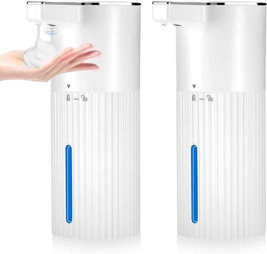 2 Pack Touchless Automatic Soap Dispenser, Smart Sensor Foam Hand Wash Dispenser, USB Rechargeable & Adjustable Customizable for Bathroom Countertop Kitchen Sink, 13.5 oz White Stripes