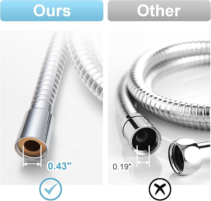 OFFO Shower Hose High Flow 0.43” Large Bore, 120 in Kink Free Stainless Steel Shower Head Hose Replacement Universal G1/2”, Leak-proof Extra Long Flex Handheld for Pet Bathing Cleaning, Chrome