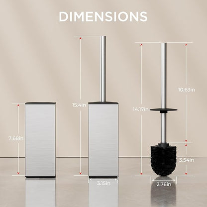 FORIOUS Toilet Brush and Holder Set, Heavy Duty 304 Stainless Steel Base Square and Long Handle for Bathroom Deep Cleaning, Drip-Proof, Space Saving for Storage, 2 Toilet Bowl Brush Head