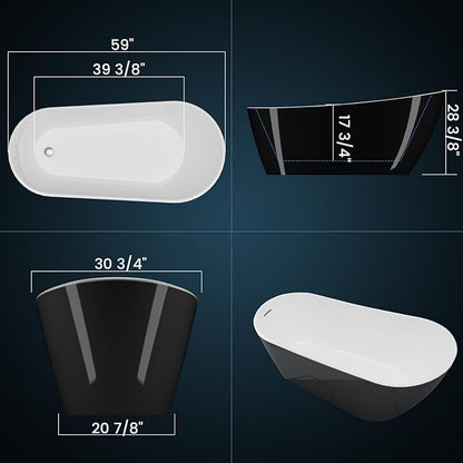 59" Acrylic Freestanding Bathtub - Glossy Black Oval Soaking Tub with Chrome Overflow & Drain Kit, CUPC Certified