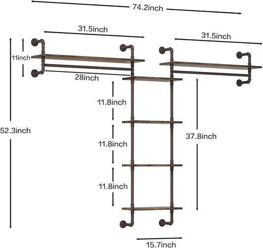 Helsin 5-Tiers 74inch Large Rustic Industrial Pipe Floating Shelving, Wall Mounted Heavy Duty Clothes Rack with Double Hanging Rods Display Storage Rack for Bedroom Organization & Home Décor