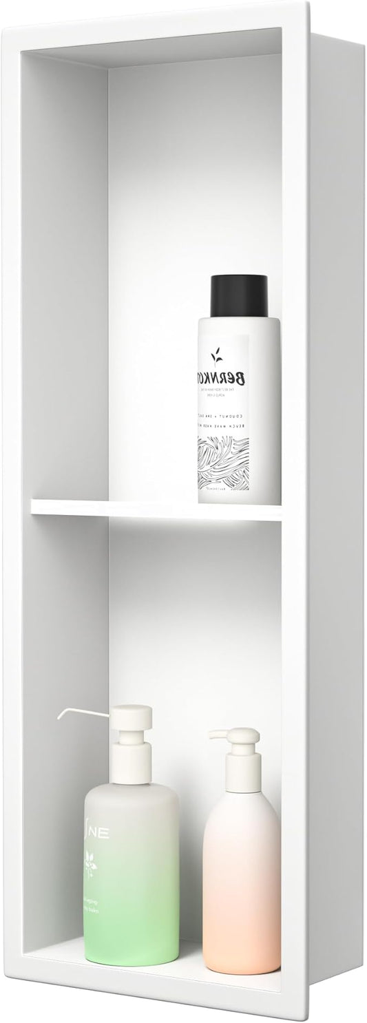 Stainless Steel Shower Niche 8"×24" White Double Shelves No Tiled Needed Niche Shower for Wall Recessed Shower Shelf for Bathroom Storage