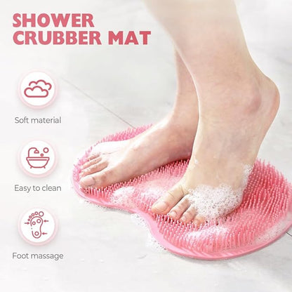 2026 New Silicone Shower Foot Scrubber Mat, Foot Back Cleaning Pad Back Washer Exfoliating Bath Wash Pad, Shower Foot Scrubber Mat with Non-Slip Suction Cups (Blue)