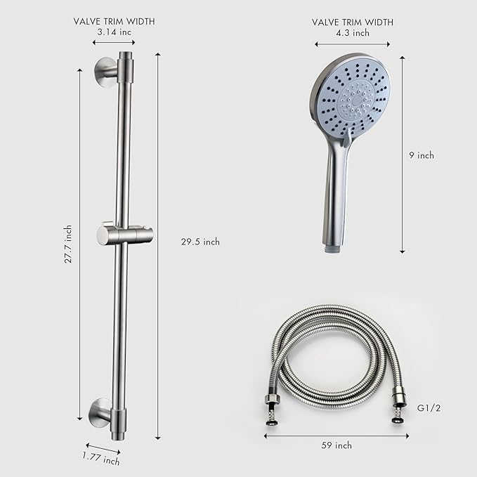 Adjustable Shower Slide Bar with 5-Function Handheld Shower Head, Stainless Steel Drill-free Mounted Slide Bar Combo with Extra Hose (Brushed Nickel)