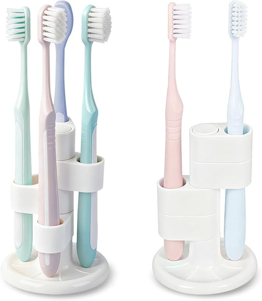 2 Pack 360° Rotating Toothbrush Holder for Bathroom, 4-Slot Toothbrush Storage Organizer with Non-Slip Base, Compact Toothbrush Bathroom Countertop Holders for Family Tooth Brushes, White