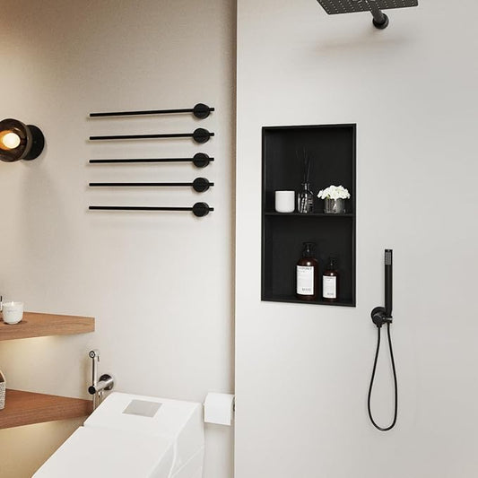 Stainless Steel Shower Niche, 12" x 24" No Tile Needed Recessed Wall Niche with Shelf for Bathroom Storage (Matte Black)