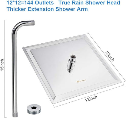 NearMoon Square Rain Shower Head With Extension Arm, Large Stainless Steel Rainfall Shower-Waterfall Full Body Coverage (12 Inch, Chrome)