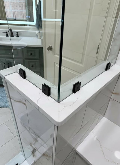 Shower Door Hardware Kit for Frameless Inline Hinged Doors, Includes Hinges, Square Pull Handles and Clamps, for 5/16"–3/8" Glass, Suitable for Bathtub or Standing Shower Setup, Matte Black