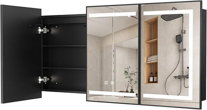 APRILSOUL 48X32 Inch Black Bathroom Medicine Cabinet with Mirror, Recessed or Surface Lighted Medicine Cabinet with 3 Colors Temperature, Dimmable Light