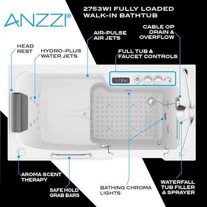 ANZZI Walk In Tub 53" x 27" Right-Drain Bathtub, Air & Whirlpool Massage Jets, Quick Fill with 6‑Setting Handheld Shower, Aromatherapy, Bath Pillow, LED Light | 2753FLWR