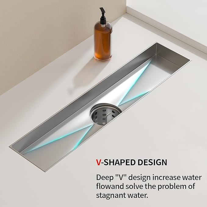 Linear Shower Drain, 304 Stainless Steel with Adjustable Leveling Feet, Hair Strainer,Reversely Install Place to Create an Invisible Floor Drain - Silver -24-Inch