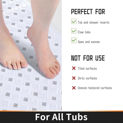 Yimobra Non Slip Bath Mat, Super Strong Suction Cups,34.5"x15.5"Long Tub Mat with Drain Holes, Machine Washable Fast Draining Shower Mats, Bathroom Essentials,White