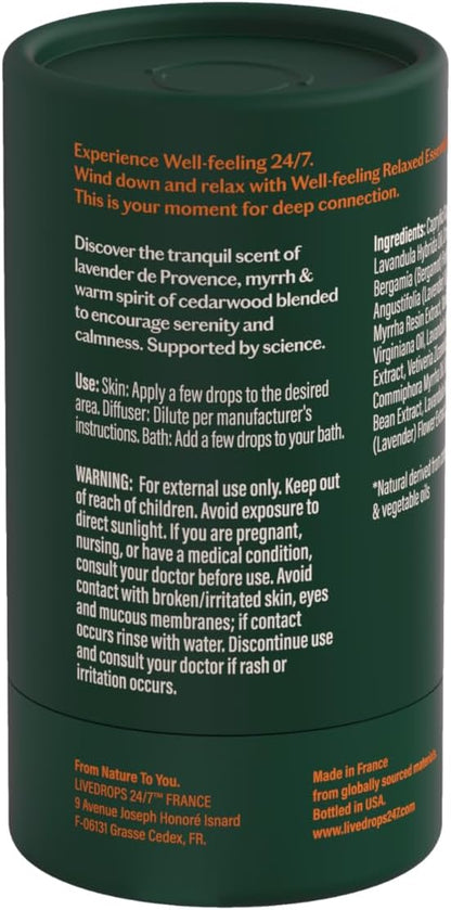LIVEDROPS 24/7 Relaxed Essential Oil Blend - Lavender, Myrrh & Cedarwood - Calming Scent - Pure & Natural Aromatherapy - Skin Safe & Diffuser Compatible - Crafted in France by Perfumers