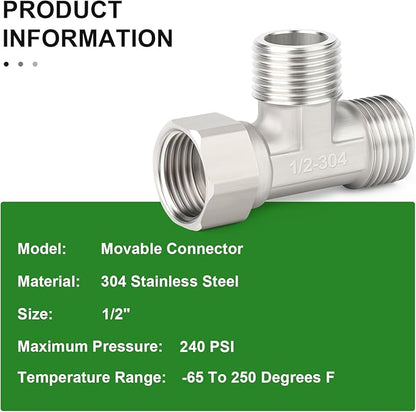 TAISHER 2PCS 304 Stainless Steel 3 Way Right Flexible Movable Tee Connector, 1/2" Male for Sprayer, Angled Valve, Shower Arm
