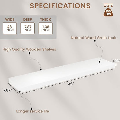 Vivelove Wooden Floating Shelves for Wall 48” x 8”x 1.4”, Solid Wood Shelf with Invisible Brackets, Deep Wall Shelves for Bathroom, LivingRoom, Kitchen, Bedroom, Modern Home Decor, Set of 1 - White