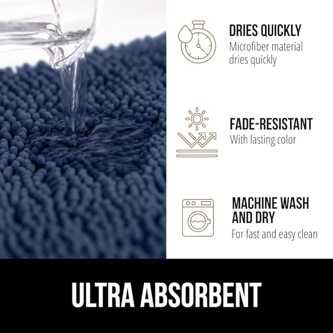 GORILLA GRIP Bath Rug Mat 30x20, Soft Absorbent Chenille, Quick Dry Microfiber Mats, Rubber Backing Washable Shower Floor Rugs, Bathmat Runner, US Designed Bathroom Home Decor Accessories Navy Blue