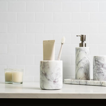 Cork & Mill Marble Bathroom Accessories Set, Complete 3 Piece Set with Soap Dispenser, Toothbrush Holder & Canister with Lid for Qtips, White Marble Bath Countertop Vanity Decor Organizer