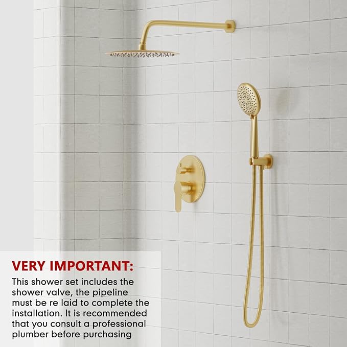 Gabrylly Gold Shower Head System, Shower Faucet Set with Pressure Balance Shower Valve, 12 Inch Shower Heads with 5-Setting handheld Spray Combo Pressure Shower Fixtures Kit, Brushed Gold