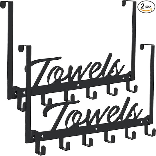 2 Pack Over The Door Hooks, Towel Rack for Bathroom Towel Holder for Hanging Heavy Duty, Over Door Towel Hanger with 12 Coat Hooks for Bedroom Bathroom Kitchen Towels, Bag, Hats, Black