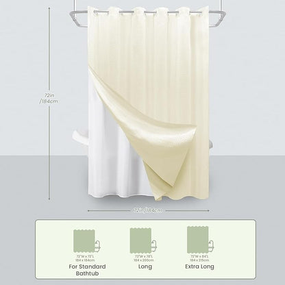 Inhousolu No Hook Waffle Weave Shower Curtain with Removable Snap in Fabric Liner Set for Bathroom, 230 GSM Heavy Duty Weighted Hem, Water Repellent Washable Bath Curtains, 72 x 72 Inch, Ivory