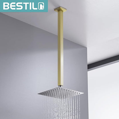 BESTILL 20 Inch Brushed Gold Ceiling Mount Shower Arm and Flange, Square Rain Shower Arm