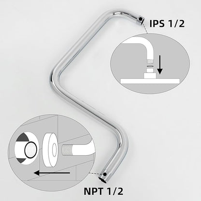 13 Inch S shaped Shower Arm,Stainless Steel Wall-Mounted High Rise Shower Head Extension Arm with Flange，Chrome,10Z1MK