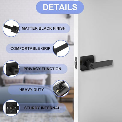 Privacy Door Levers, 8 Pack Matte Black Door Handles Heavy Duty Bed and Bath Door Locks Interior Keyless Locksets, Reversible for Left Right Handed Doors