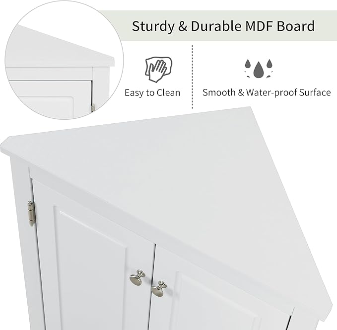 Corner Storage Cabinet with Adjustable Shelves, Triangle Bathroom & Kitchen Organizer, Freestanding Floor Cabinet for Toilet Kitchen Bathroom Cleaning Supplies (White 2)