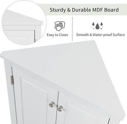 Corner Storage Cabinet with Adjustable Shelves, Triangle Bathroom & Kitchen Organizer, Freestanding Floor Cabinet for Toilet Kitchen Bathroom Cleaning Supplies (White 2)
