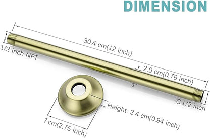 BESTILL 12 Inch Ceiling Mount Rain Shower Head Arm and Flange, Brushed Gold