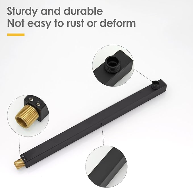 BESy 16 Inches Straight Extended Shower Arm With Flange, Rain Shower Head Extension Arms, Square Shower Rod Shower Head Extender Arm Shower Pipe Extension, Wall-Mounted Matte Black Stainless Steel