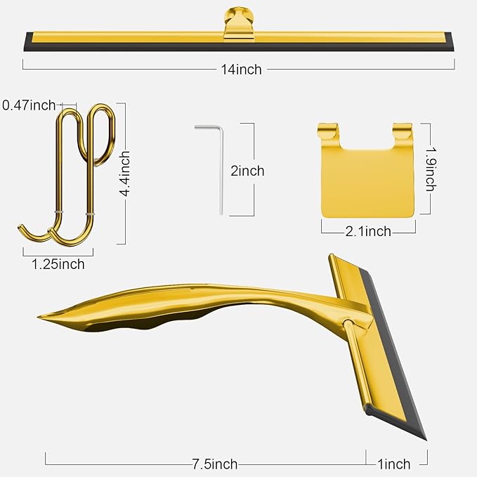TOOVEM 14 Inch Shower Squeegee for Glass Doors, Window, Bathroom, Car Windshield, Shower Cleaning Tools with S Hook, Square Sticky Hook (Gold)