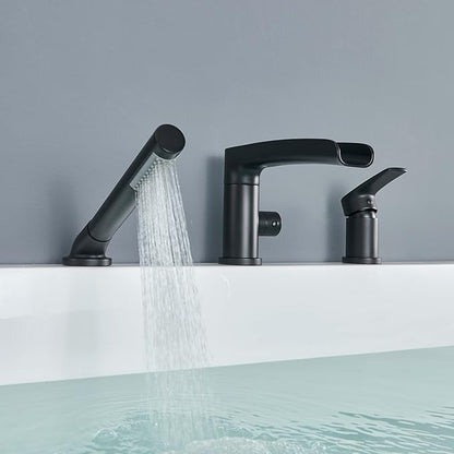 Waterfall Roman Tub Faucet Black Deck Mount Bathtub Faucets Brass Tub Filler Bathroom Faucets with Hand Shower