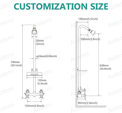 Aolemi Outdoor Shower Kit,Outdoor Shower Fixtures Faucet System with Brass Showerhead,Double Handle Exposed Shower with Brass Mix Valve,6 Inch Center with Soap Dish,Pipe Upward,Matte Black