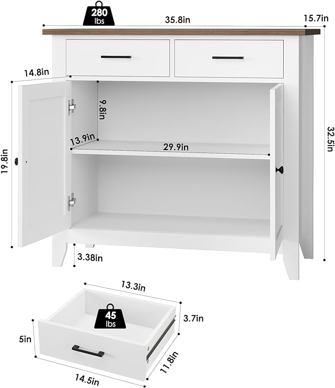 HORSTORS Kitchen Storage Cabinet, Modern Farmhouse Buffet Cabinet with Storage, Coffee Bar with 2 Drawers and 2 Doors, Floor Sideboard Buffet for Living Room, Dining Room, Bathroom, Ivory White